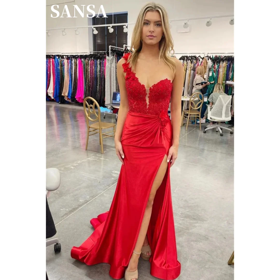 

Sansa Red Mermaid Prom Dress One Shoulder Satin Wedding Dresses Elegant Sleeveless Floor-Length Side Split Vestidos De Fiesta