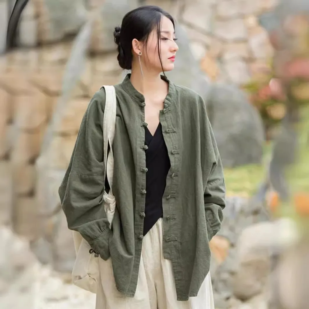 Women's Summer Dresses 2026 Loose Fit Boho Cardigan Dress with Mandarin Collar Crinkle Cotton Ethnic 3D Pattern Regular Length