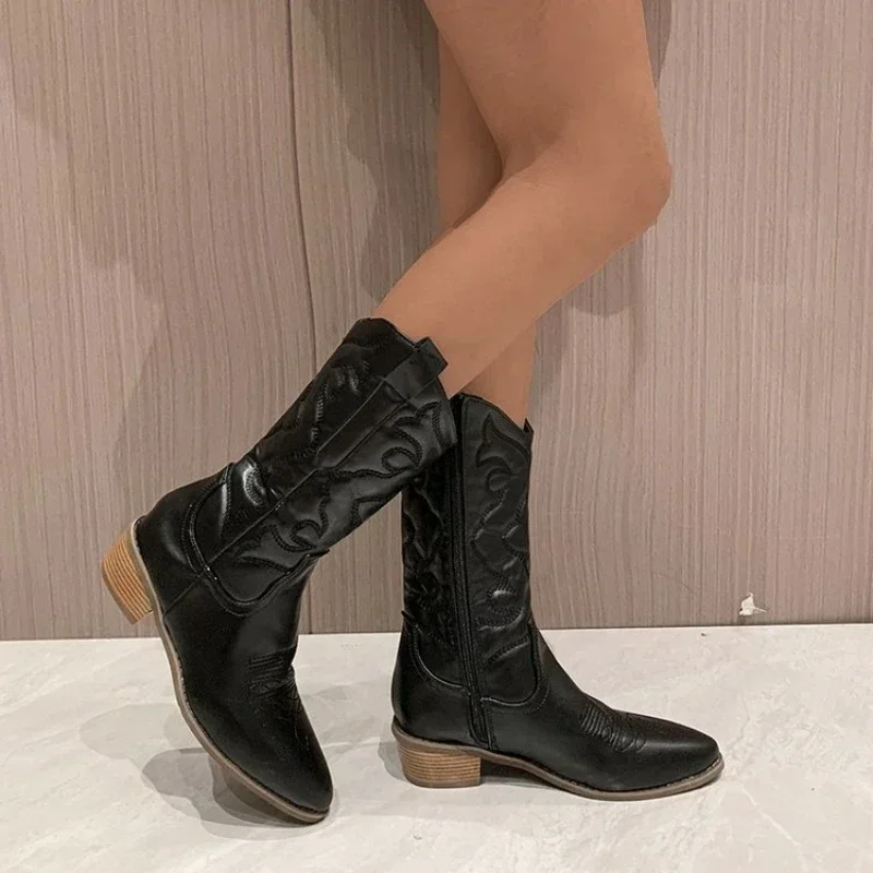Gold High Women\'s Boots Winter Women Boots Fashion Western Cowgirls Boots Snow Women Boots Fashion Cowboy Leather Women 2023