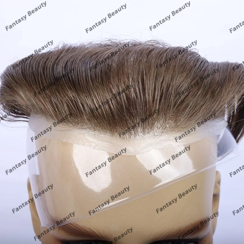 Toupee de cabelo humano para homens, linha fina natural super, base da pele, perucas masculinas, prótese capilar, marrom e loiro, 0.02mm, densidade 90, #440