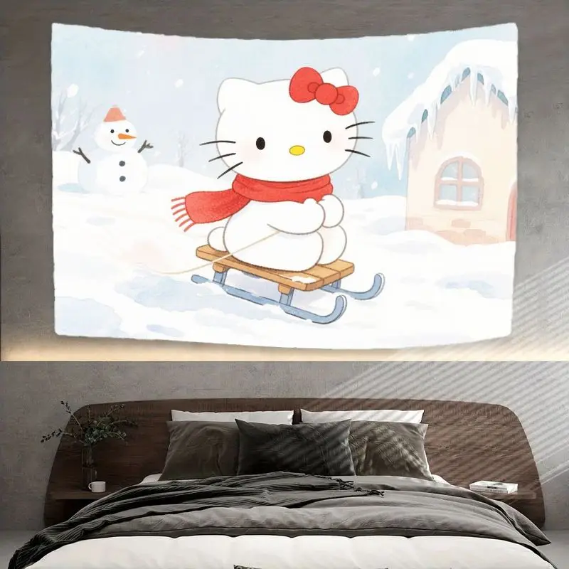 1 Buah Permadani Kereta Luncur Musim Dingin Hello Kitty Lucu Seni Dinding Poliester Nyaman Sempurna untuk Kamar Anak-anak Dekorasi Ruang Tamu Hadiah untuk Pecinta Kucing