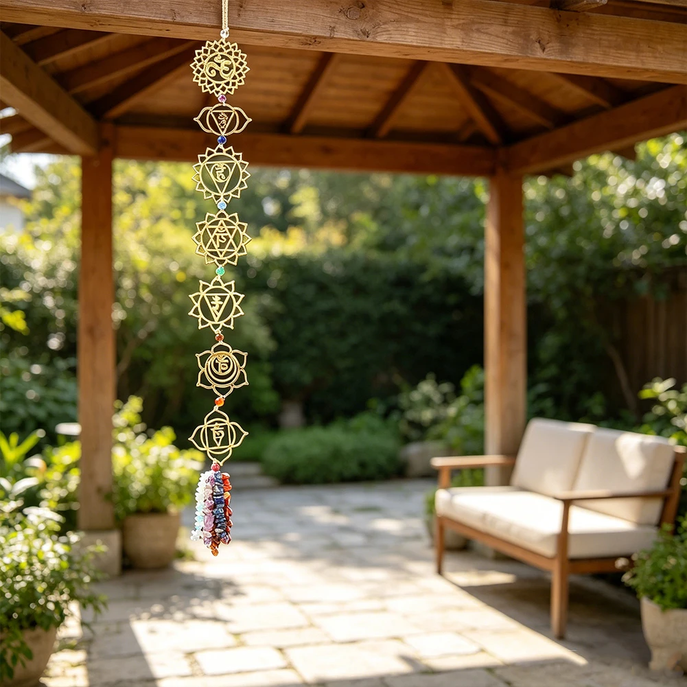 7 Chakra Hohlmetall-Wanddekoration mit Naturstein-Quasten für Yoga, Meditation, spirituelle Heilung und Heimdekoration – Detail 4