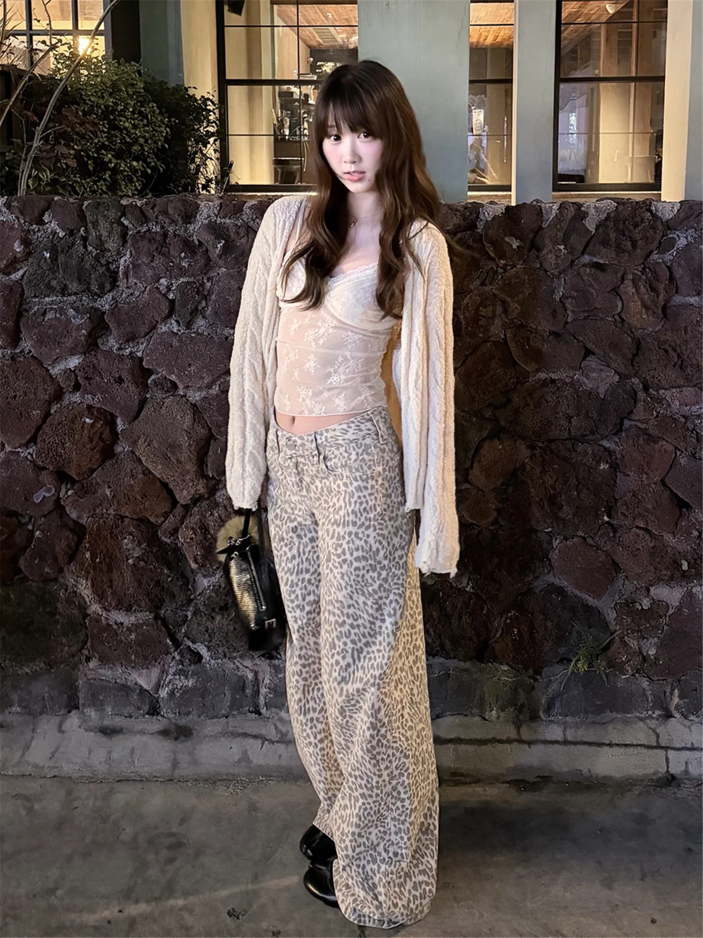 

American Street Style Leopard Print Wide Leg Jeans Women's Spring Autumn Loose Drapey Tall Extended Straight Casual Pants