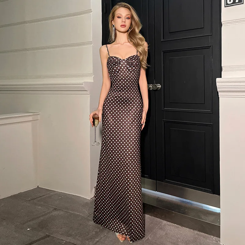 

Typhaland Elegant Sling Backless Long Dress Women's Polka Dot Sexy U-neck Sea Vacation Summer Fashion Dress Female High Waist