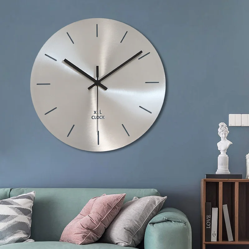 

Minimalist modern stainless steel round wall clock: silver, numberless, silent, for home & commercial use (living room)