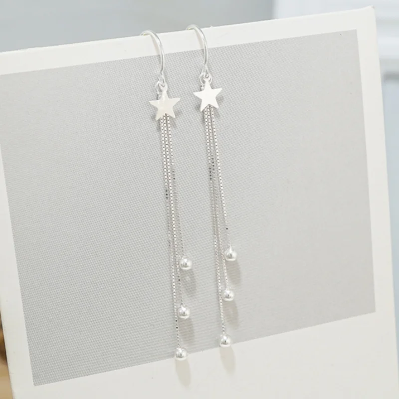 925 Sterling Silver Long Tassel Star Drop Earrings for Women Elegance Pentagram Round Bead Korean Earring Wedding Bride Jewelry