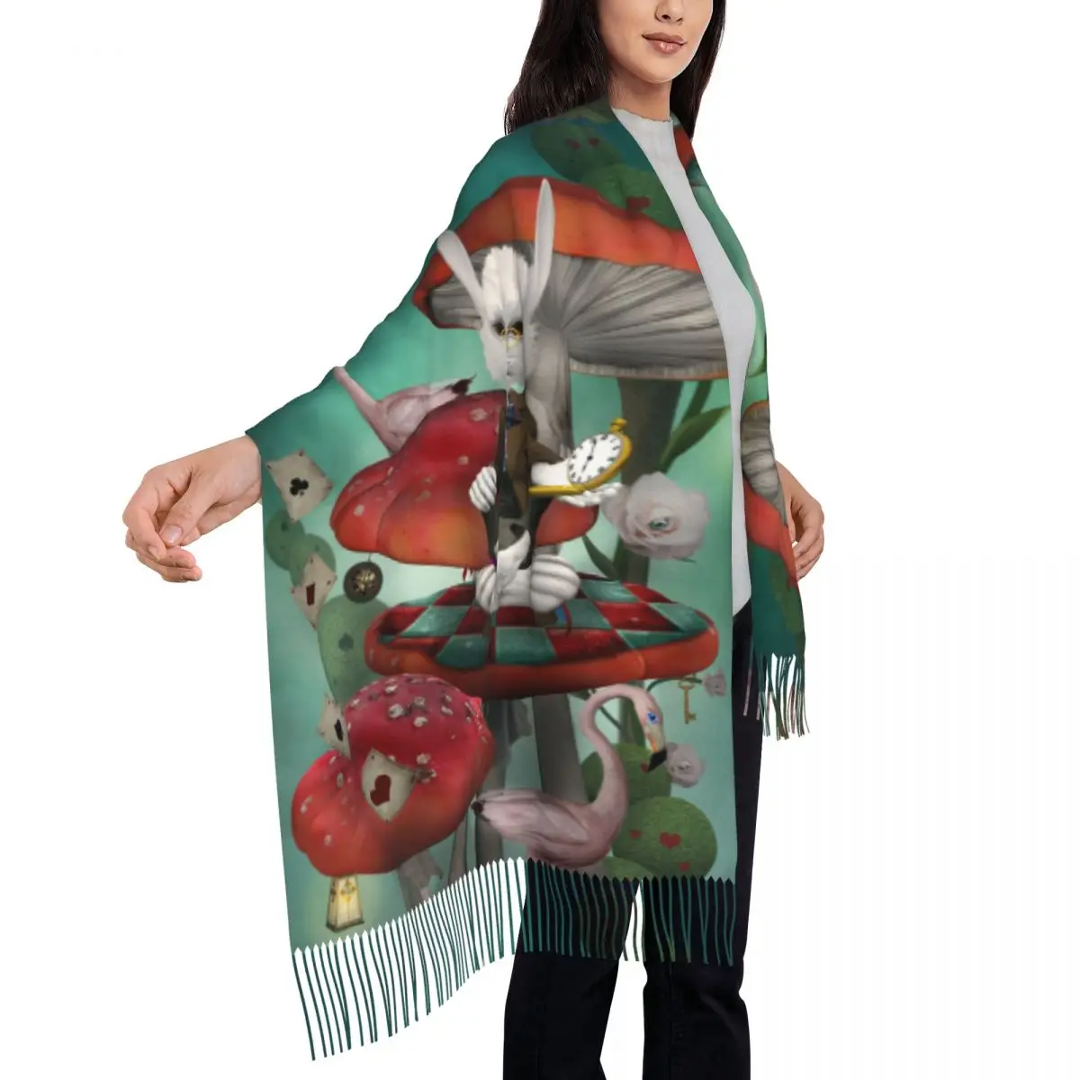 Personalized Printed Poker Rabbit With Clock Long Pile Fringe Men Scarf Women'S Anti Chill Scarf