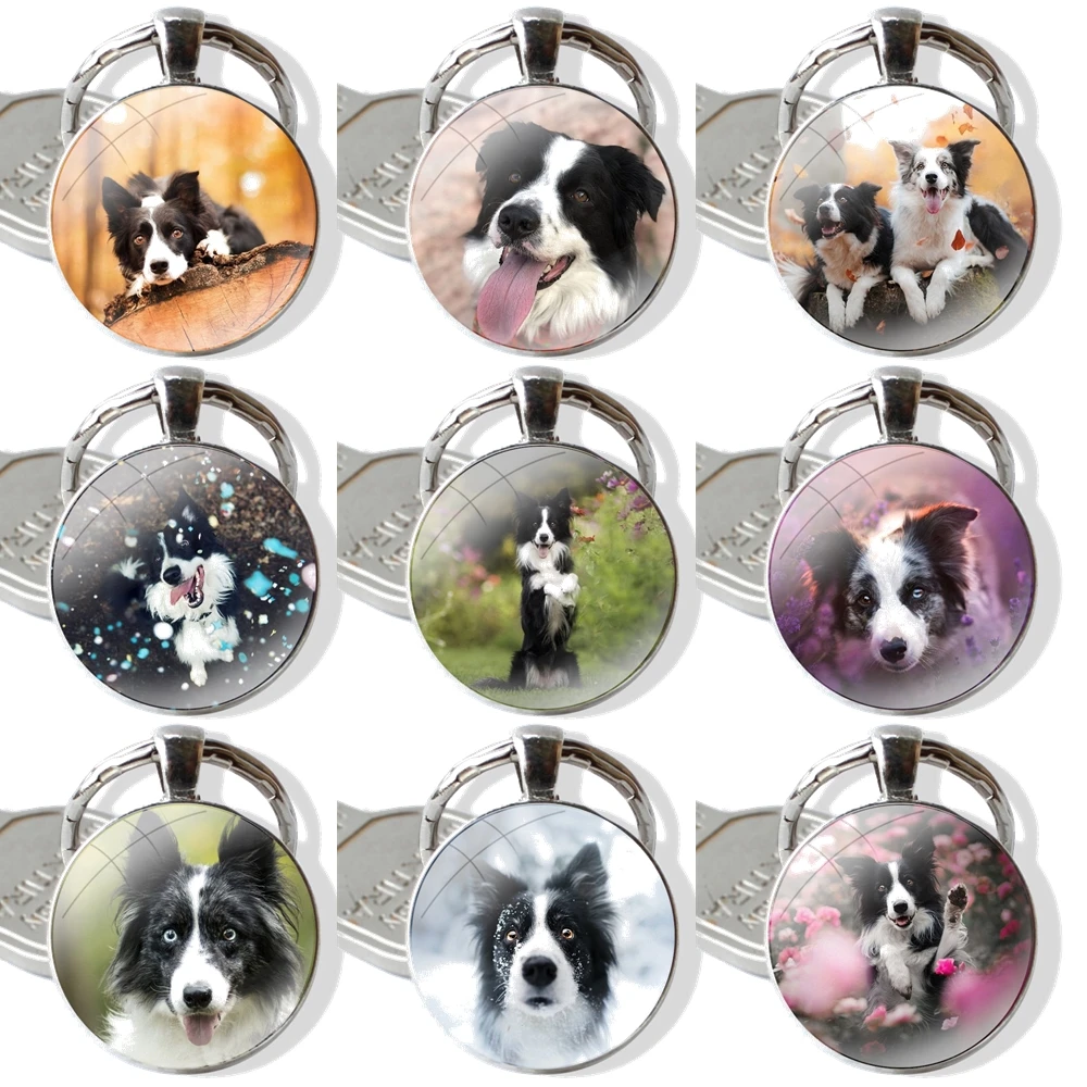 25mm Glass Cabohcon Keychain Key Rings for Women Men Jewelry Gift Beautiful Border Collie Puppy Dog