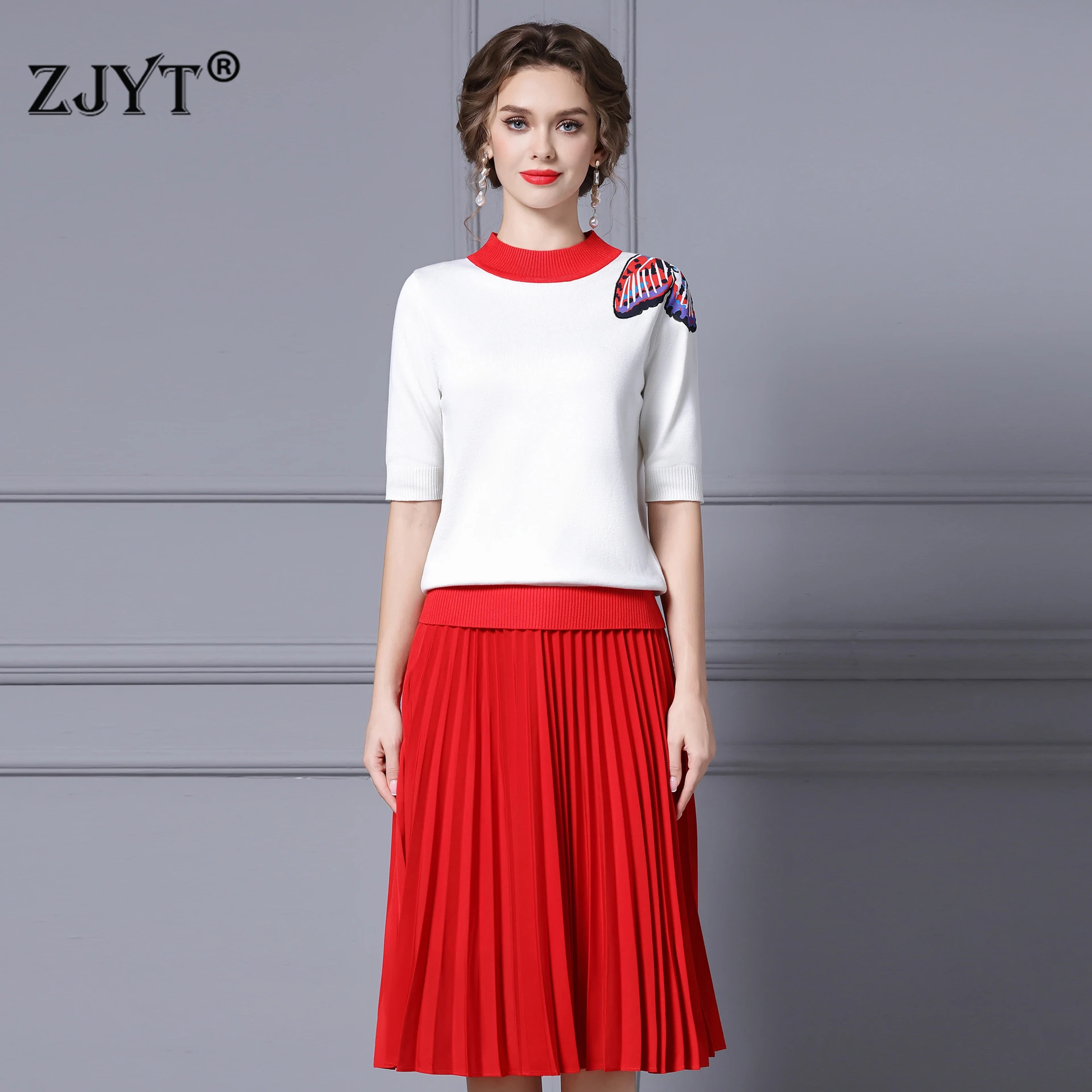 

ZJYT Модные комплекты платьев для подиума, женский наряд из 2 предметов, осень 2025 г., новый пуловер с вышивкой, вязаный топ и плиссированная юбка, костюм красного цвета