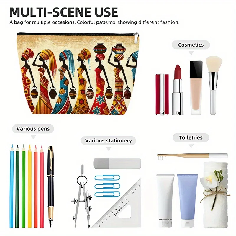 Afrykańska kobieta projektuje kosmetyczki - urocze, wielofunkcyjne torby na zamek błyskawiczny dla kobiet, torba do przechowywania biżuterii.