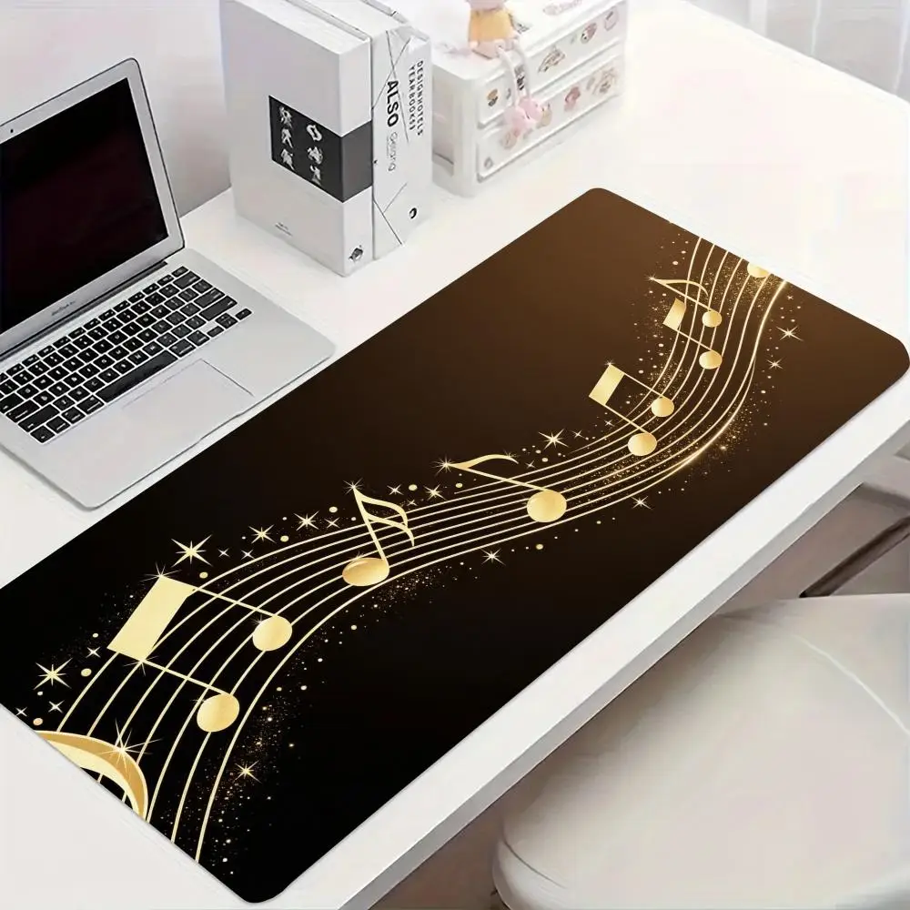 Luxury Golden Guitar Music Note Pattern Extended Mouse Pad, Non-Slip Rubber Base Stitched Edge Large Gaming Desk Mat