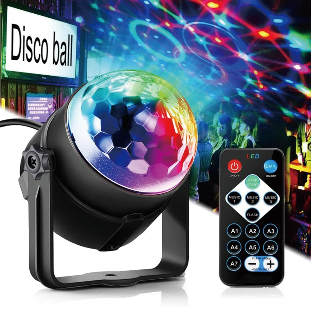 LED Disco Ball Party Light with Remote, Sound Activated RGB Strobe Lamp, 7 Modes Rotating DJ Light for Home, Bar, KTV, Birthday,