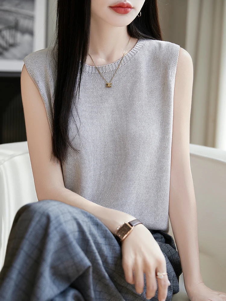 

Summer Linen Lyocell Knitted Camisole Tops Women Casual Round Neck Knitwear Vest New Sleeveless Solid Color Pullover