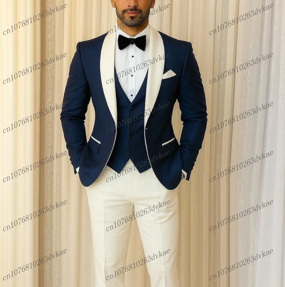 

Navy Blue And White Men Suit Wedding Party Formal Groom Groomsman Prom Business Male Tuxedos 3 Piece Set Jacket Vest Pants