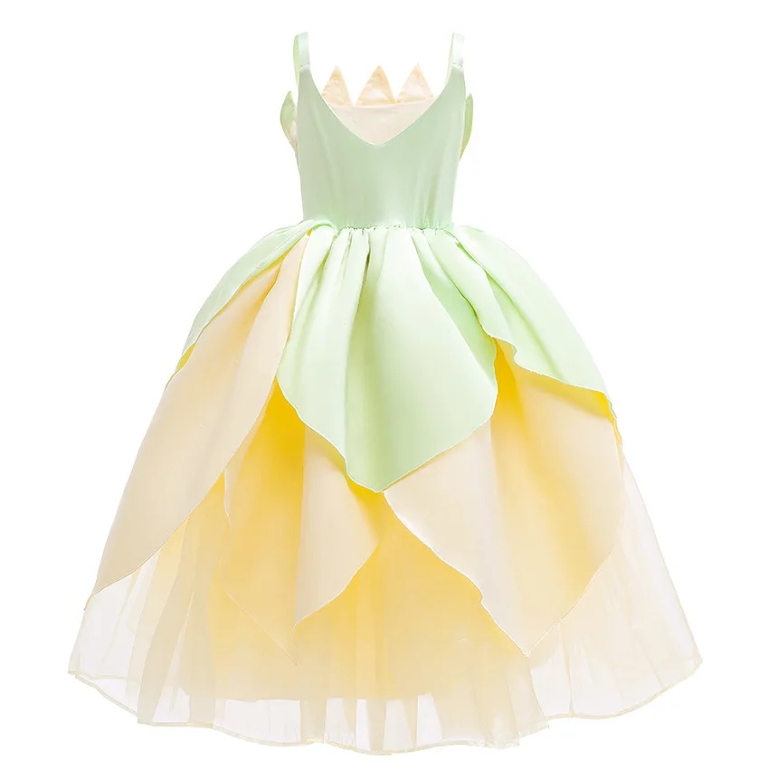 Summer Delicate Yellow Green Frock Flower Girls Wedding Party Dress Birthday Tiana Cosplay Princess and Frog Fairy Tale Costume view 3