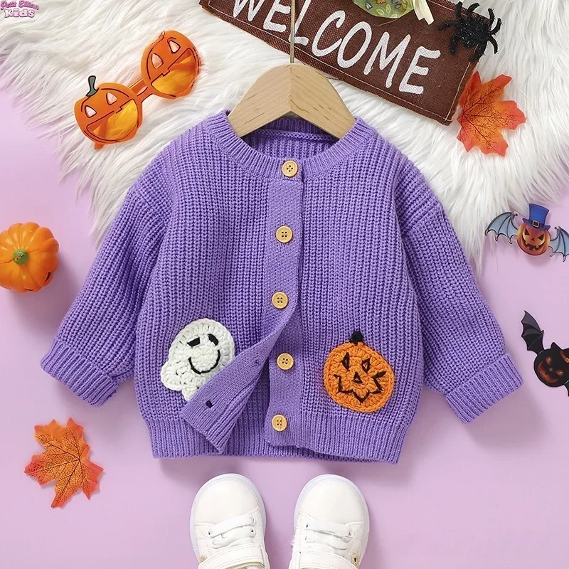 

Baby Boys Halloween Knit Cardigan with 3D Patterns 0-3Y Infant Girls Ghost and Pumpkin Embroidered Baby Sweater Autumn Wear