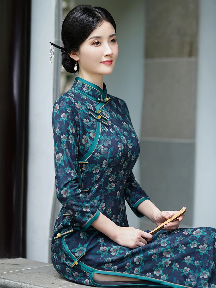 

Old Shanghai Young High-Grade Long Sleeve plus Size Cheongsam Autumn and Winter New Slimming Daily Women's Dress