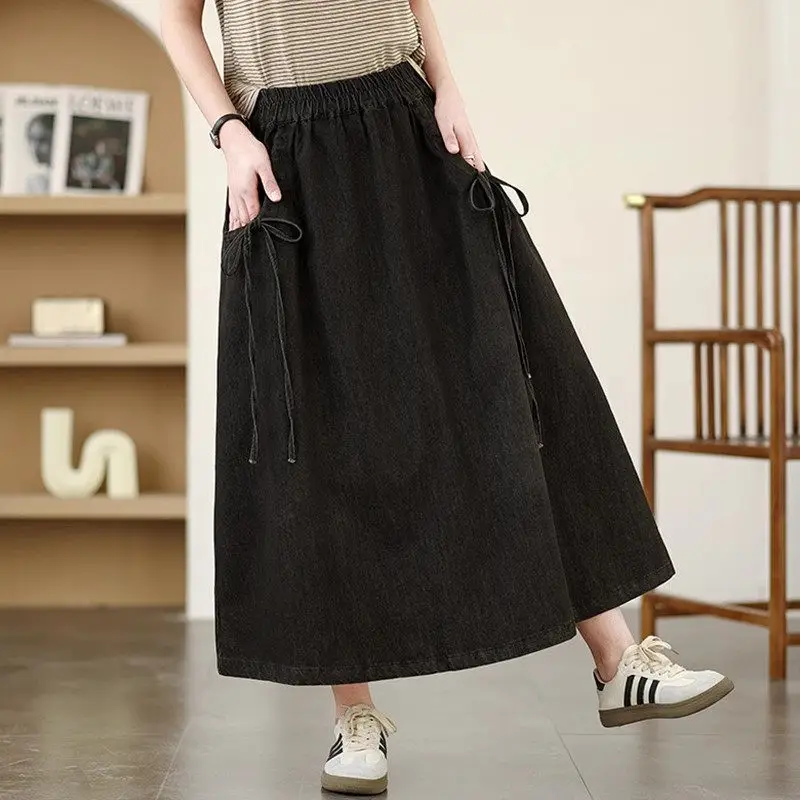 Large Size Design Lace Up Denim Skirt Women's Spring And Autumn Loose Temperament A-Line Trendy Elastic Waist Jeans Saia A775
