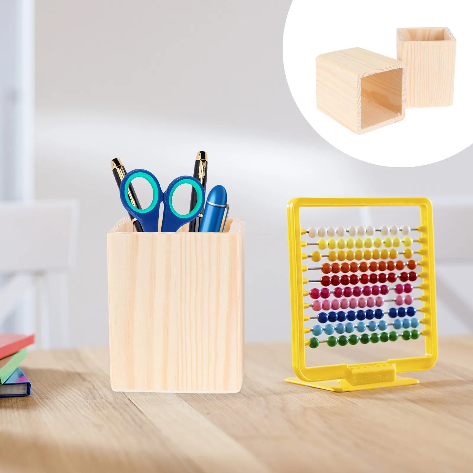 2Pcs Unpainted Wooden Pen Holder Blank Pencil Cup DIY Craft Project Pine Wood Desk Organizer for Office School Art Supplies