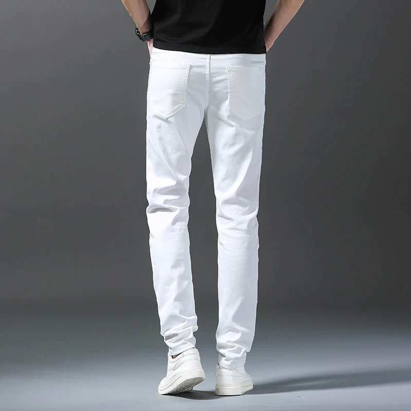 2024 Autumn New White Men\'s Jeans Straight Slim Solid Color Casual Denim Trousers Classic Male Brand Clothing Pants