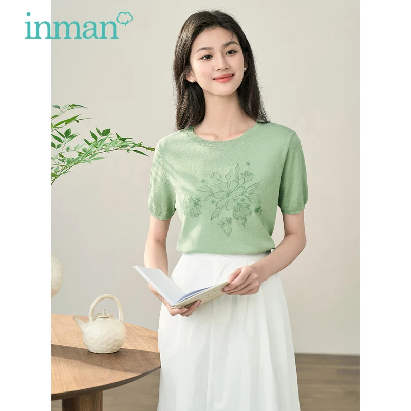 INMAN Women Knitwear 2023 Autumn Short Sleeve Round Neck Loose Sweater Exquisite Embroidery Casual Versatile Apricot Green Tops