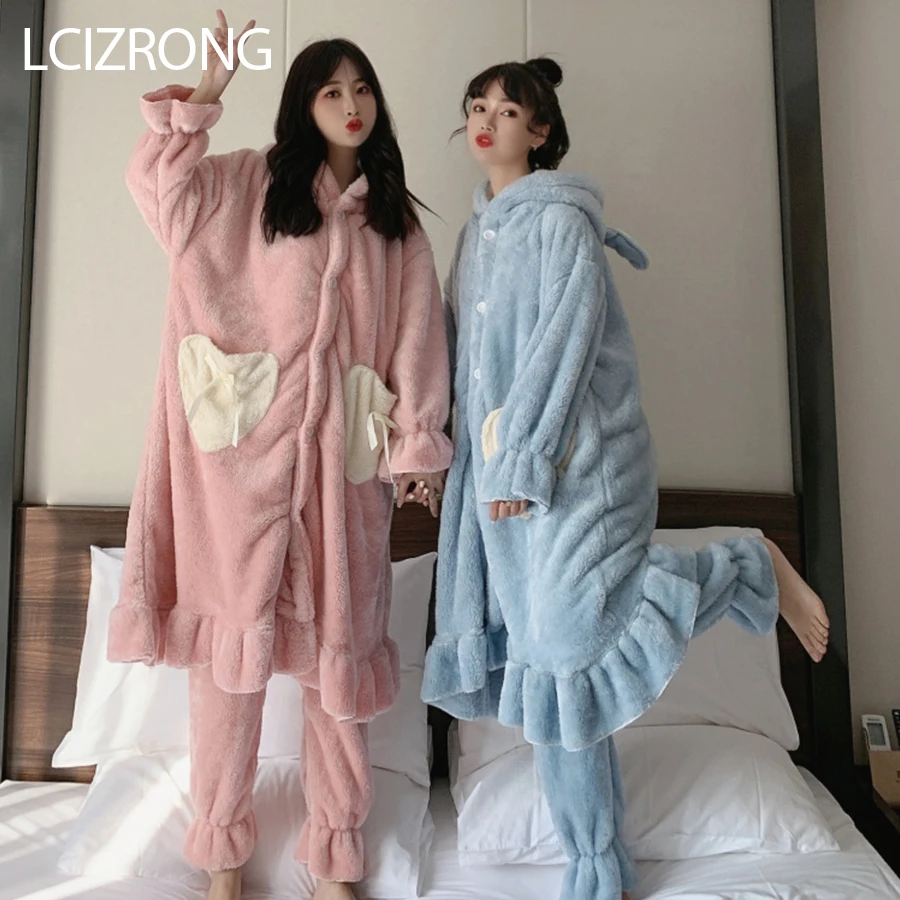 Winter Fashion Warm Thick Hooded Pajamas For Women Cute Ear Sweet Girl Loose Robes Long Pants Homewear Clothes Pijama Mujer