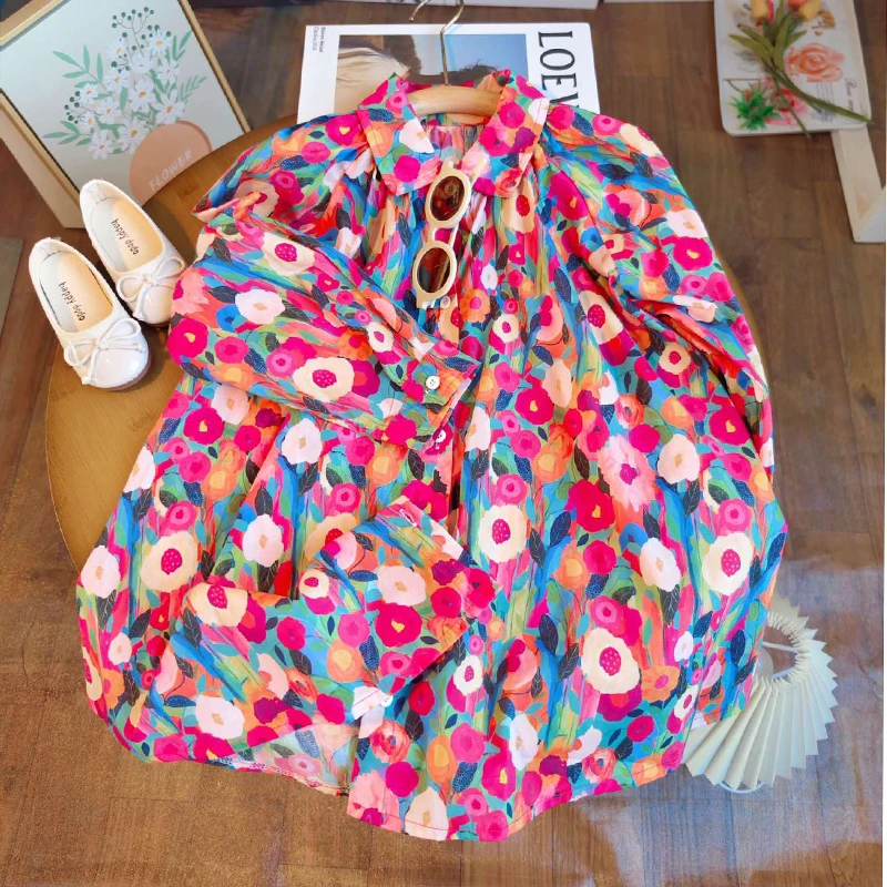 Spring Autumn New Girls Princess Dress Full Print Flowers Long Sleeve Lapel Collar Dress For 2-8 Years Girls Casual Shirt Skirt