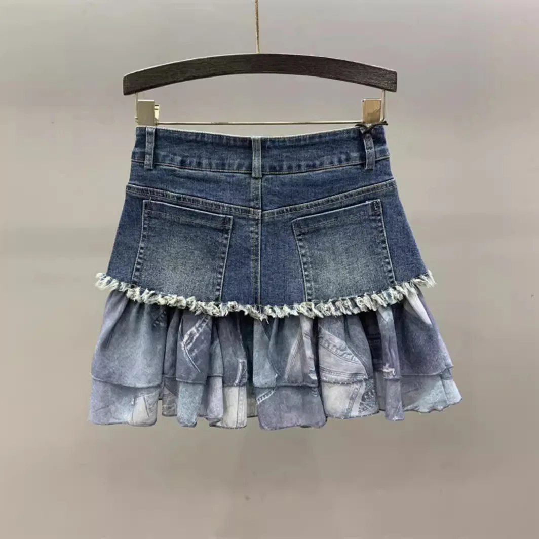 ZOCI rok pendek Denim wanita, Bawahan jala pinggang tinggi Splice, desain modis, garis-a