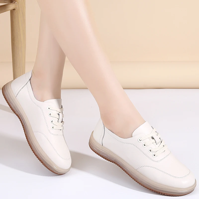 Autumn Lace Up Women's Leather Shoes Flat Outsole Soft Shoes For Women Luxury Slip Resistance Loafers Shoes Women