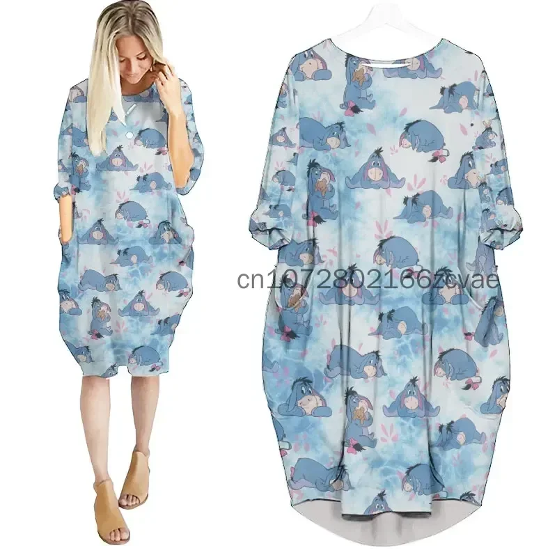 2024 New Eeyore Women\'s Batwing Pocket Dress 3D Printed Disney Stitch Oversize Fashion Street Dress Long Sleeve Sleeping Dress