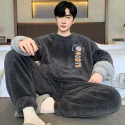 Large Size Thicken Flannel Pajamas Men Winter Warm Plush Soft Sleepwear Korean Student Cartoon Loose Homesuit Thermal Outfits