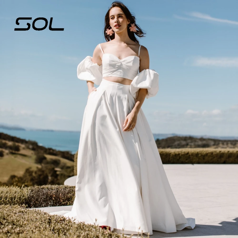 Sol Beach Detachable Puff Sleeves Three-Piece Set Wedding Dress For Women Elegant Sweetheart A Line Bridal Gown Robe De Mariee