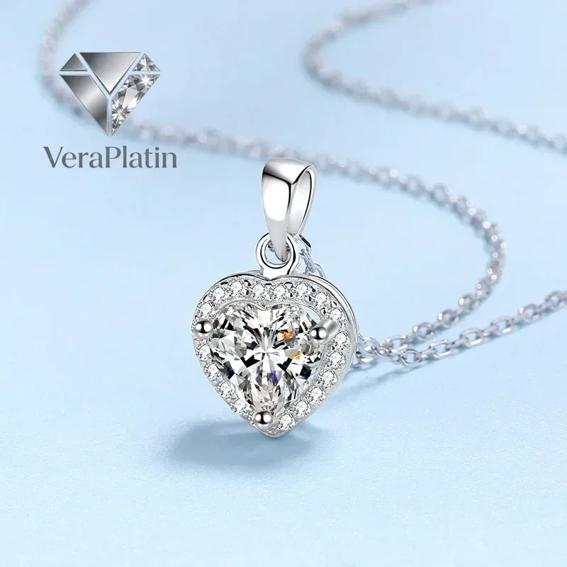

VeraPlatin Girl Valentine's Day 18K White Gold Necklaces Wedding Heart Pendant 1CT Moissanite Diamond PT950 Platinum Women Birth