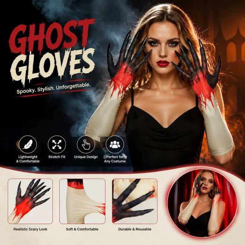 Halloween Long Claw Gloves Bloody Print Ghost Monster Hand Covers Cosplay Accessories Scary Finger Nail Mittens For Horror Theme