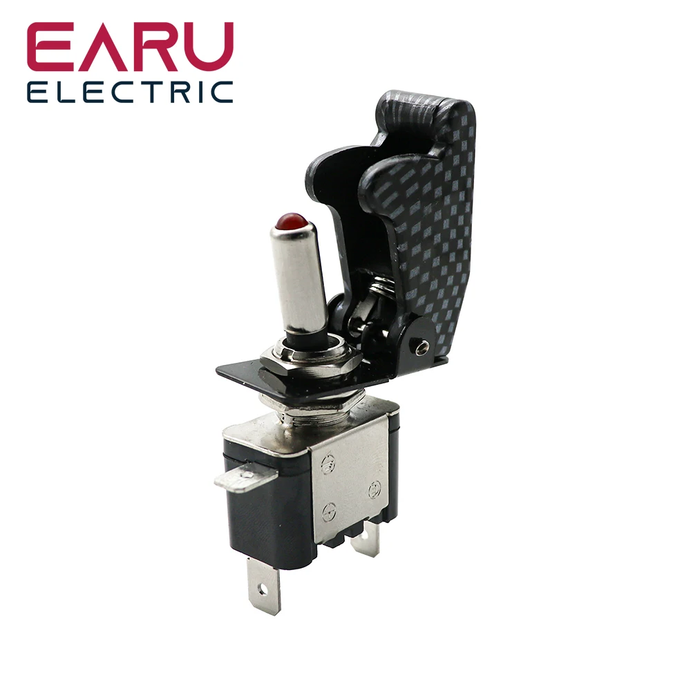 12V 20A Car Toggle Switch LED Illuminated Carbon Fiber Style Racing Switch Safety Aircraft Flip Up Cover Auto Boat Truck Marine