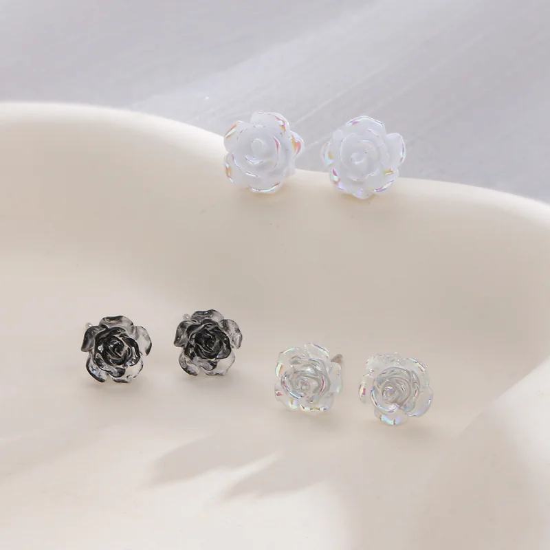 Sweet Rose Stud Earrings for Women Girl Cute Small Flower Stud Earring Korean Fashion 3-Color Trendy Jewelry Gift