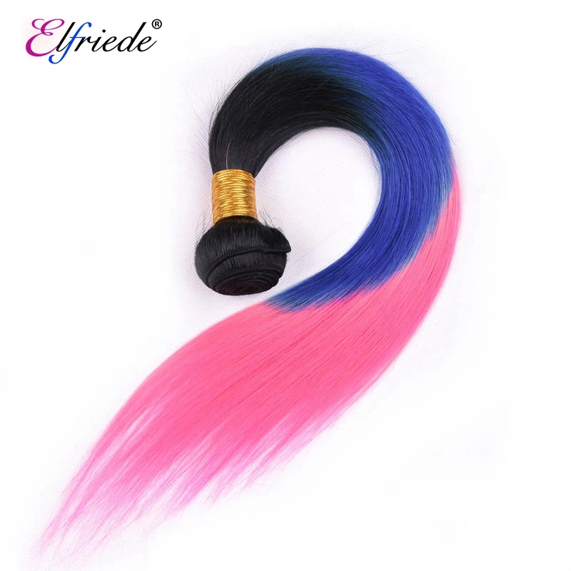 Elfriede bundel rambut berwarna Ombre lurus 1B/biru/merah muda dengan 100% depan rambut manusia Remy 3 bundel dengan renda Frontal 13x4