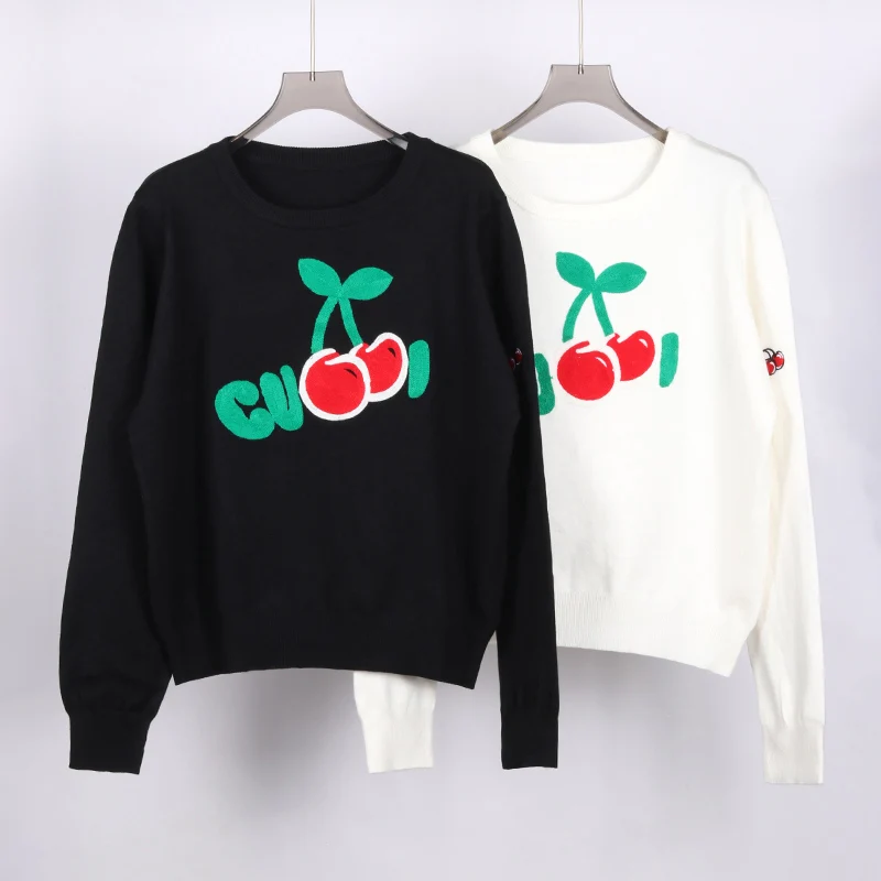 Letter Embroidered Knit Pullover Sweater Cherry Pattern Women Tops Autumn Winter Knitwear Luxury Designer Brand Fashion Clothing