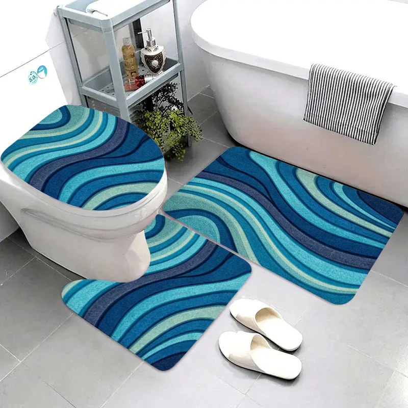 3Pcs Abstract Wave Flannel Bath Mat Non Slip Absorbent Toilet Rug for Bathroom Kitchen Shower Washable Home Decor