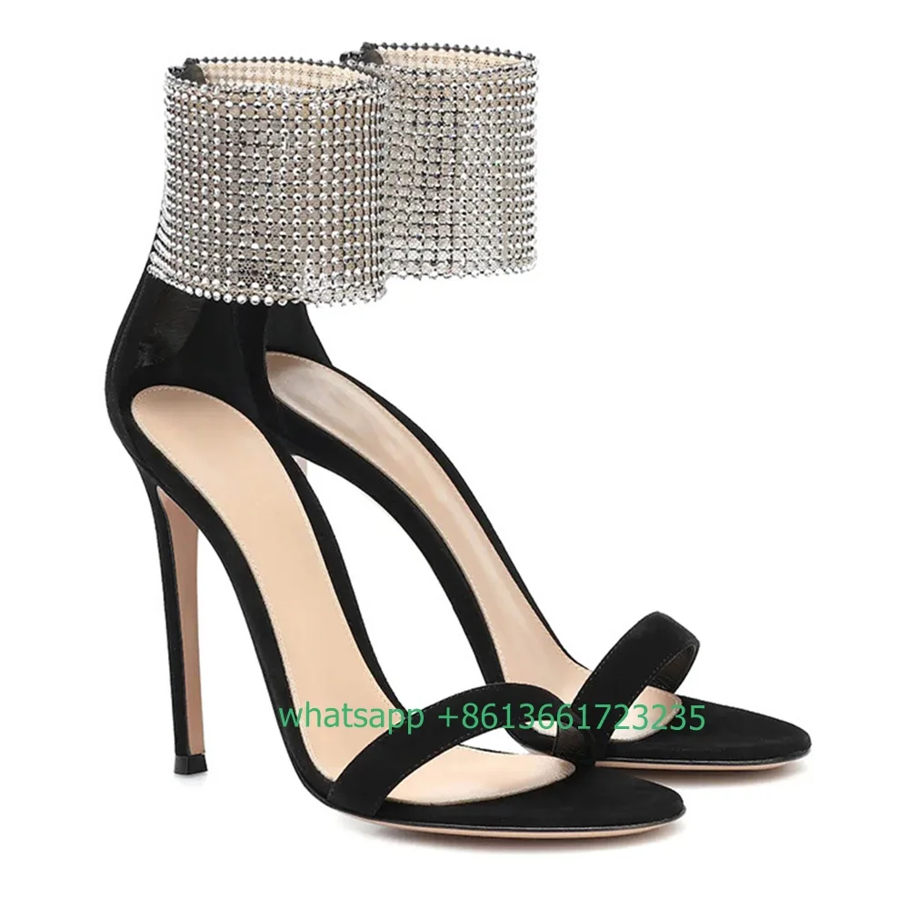 

Crystal Ankle Wrap Bling Bling Sandals Stiletto Heel Open Toe Black Suede High Heels Women Simple Fashion Shiny Sandals