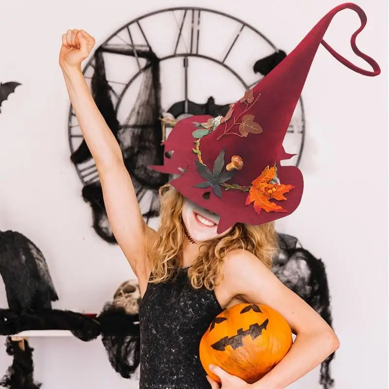 red Halloween witch hat Costume Witch Hat Halloween party felt tip hat Hanging Witch Hat Halloween Folds Witch Wizard red Hat