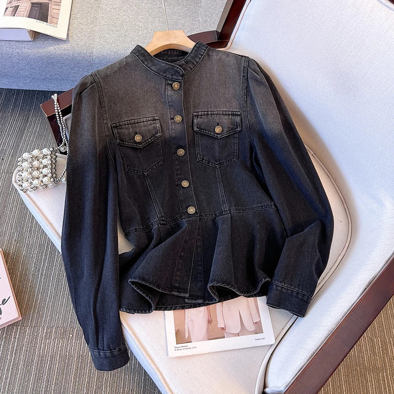 Camicia di jeans da donna con volant nero High Street Cappotto a maniche lunghe monopetto skinny retrò Top 2025 Primavera Autunno Nuovo