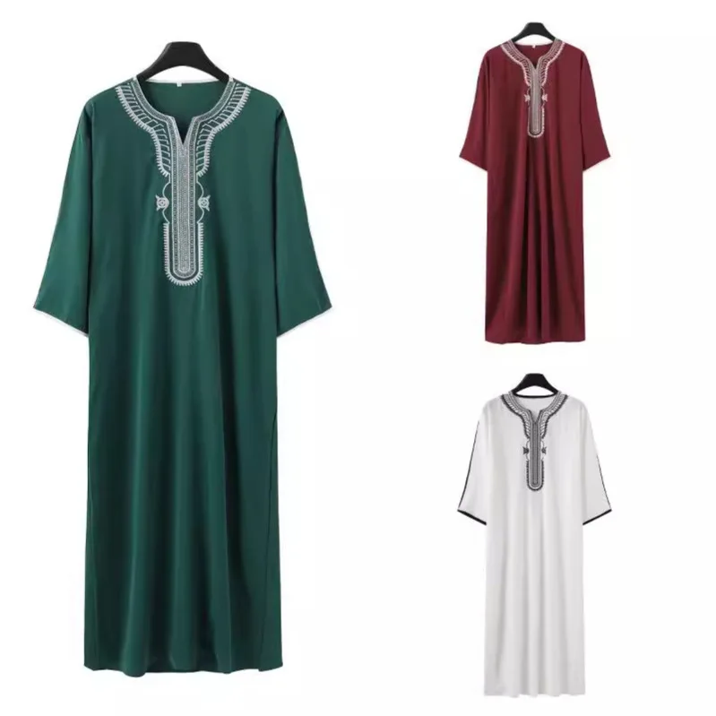

Arab Muslim Men's Robe Ethnic Style Embroidered Moroccan Style Casual Traditional Islamic Thobe Long Dress Prayer Gown