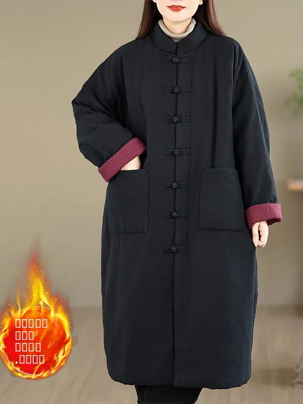 

Thiened Cotton Jaet Buddhist Sle Chinese Nationali Женская хлопковая одежда средней длины в стиле дзен Зимняя модная верхняя одежда