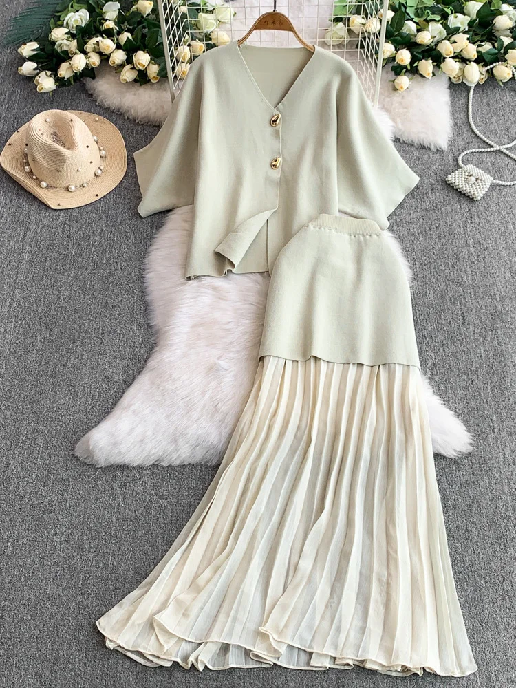 

Casual 2 Piece Set Long Dress Women Summer Single Breasted Short Sleeve Knitting Cardigans Knitwear Long Chiffon Skirts Sets