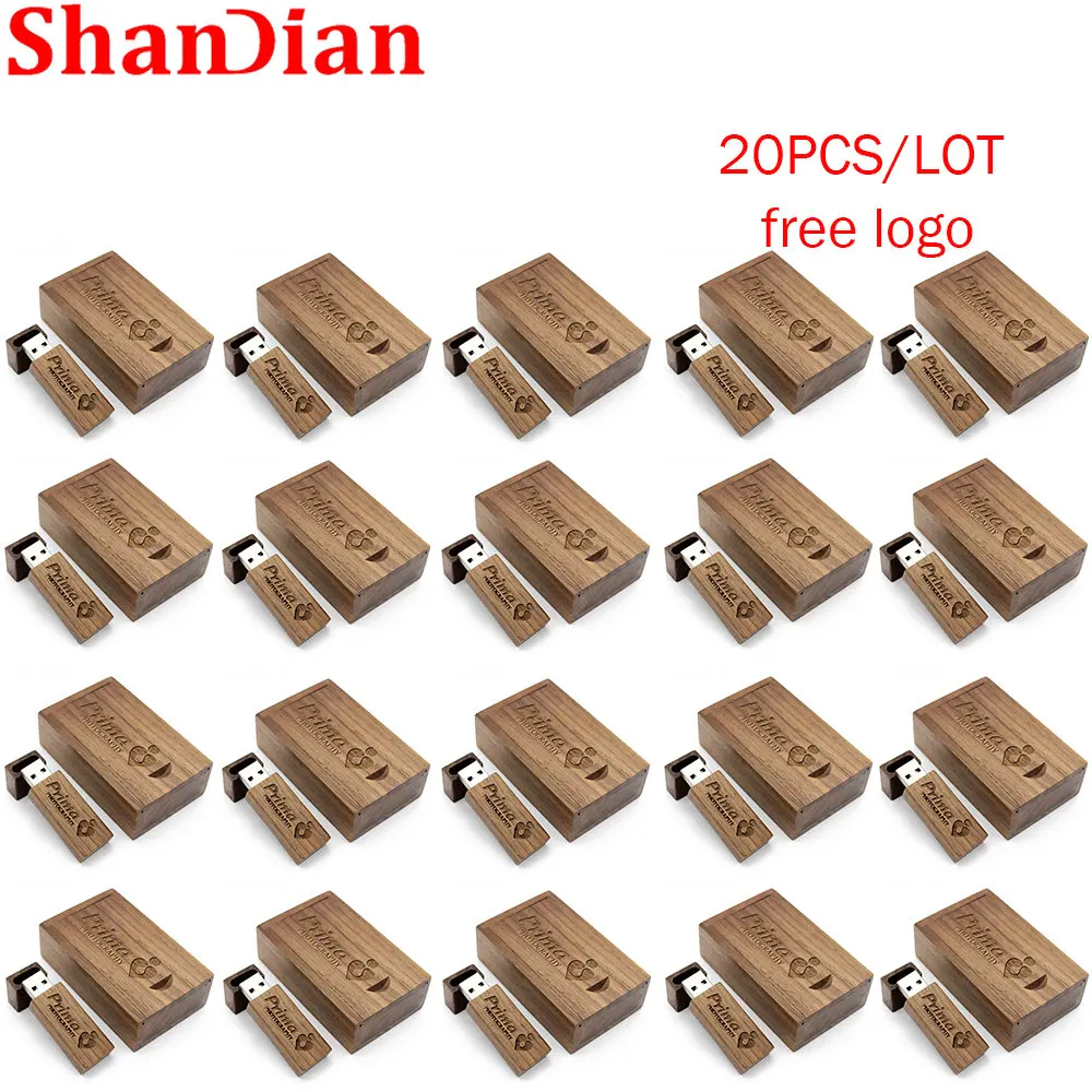 

SHANDIAN 20PCS/Lot Walnut Wooden Flash Drive 64GB Free Custom LOGO USB 2.0 Photography Gifts Pen Drives 32GB Maple Memory Stick