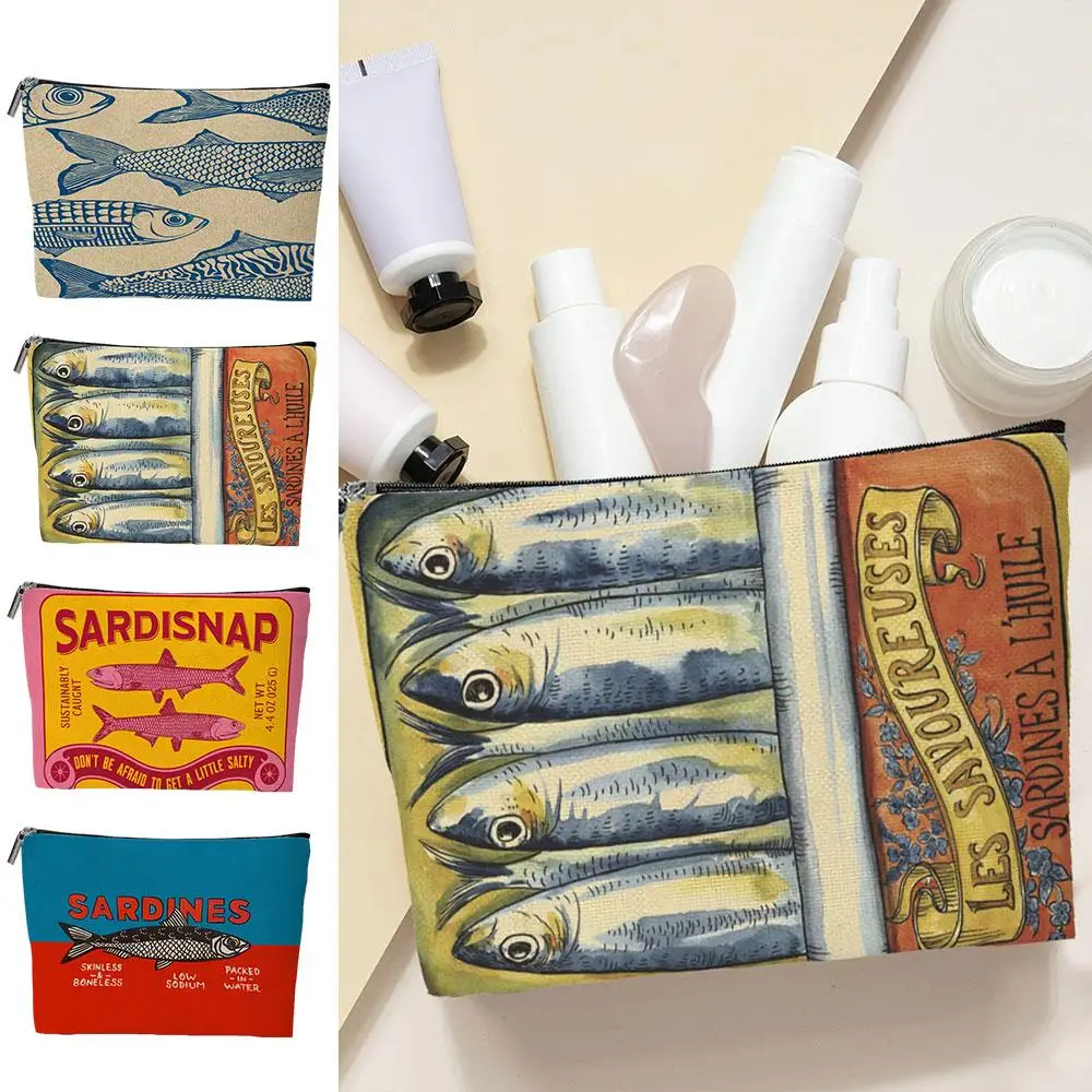 

Retro Sardines Zip Cosmetic Bag Unisex-Adult Mixed Color Trendy Mini Zipper Pouch Multi-functional Storage Pouch Change Purse