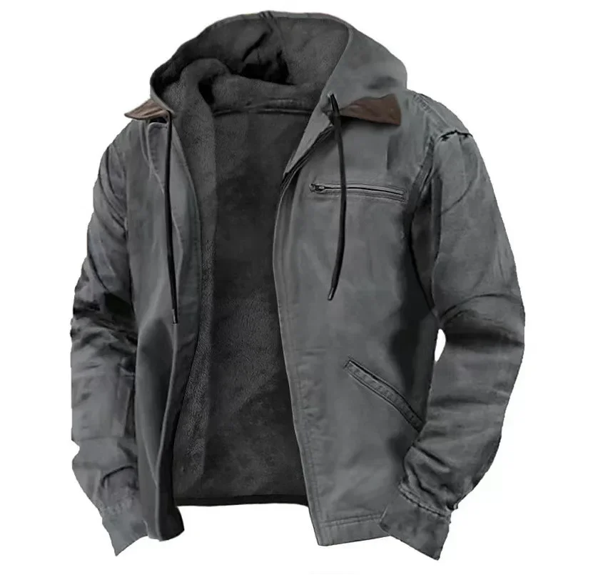 Men's Casual Jackets Hooded Zipper Pocket Fashion Solid Color Fleece Warm Outerwear Male Outdoor Hooded Hoodie Coats Winter 2025