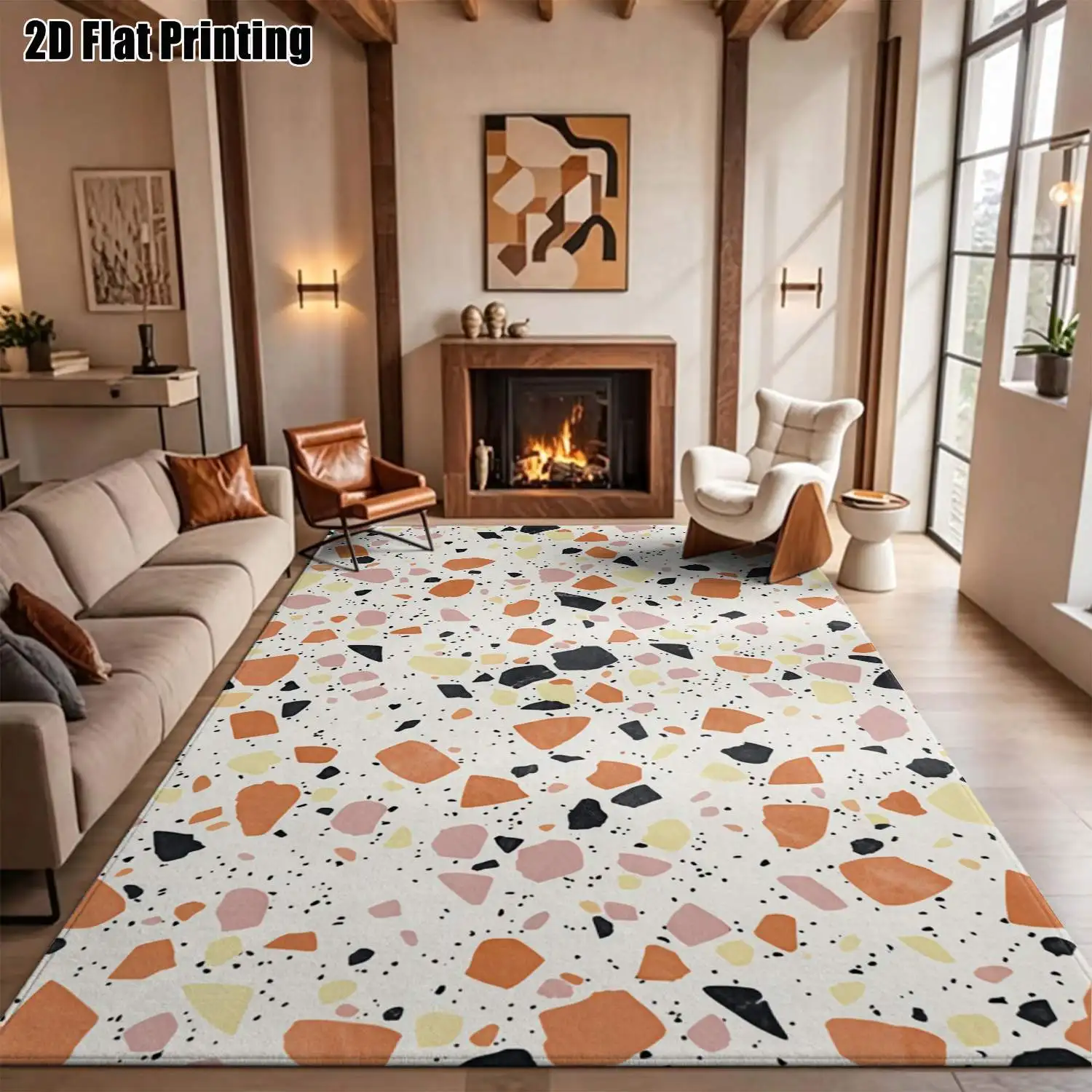 1Pc 2D Printed Warm-Toned Terrazzo Pattern Nordic Carpet, Instagram-Inspired Modern Minimalist Floor Mat, Machine-Washable Home Decor Rug for Multi-Scene Use, Multiple Sizes Available