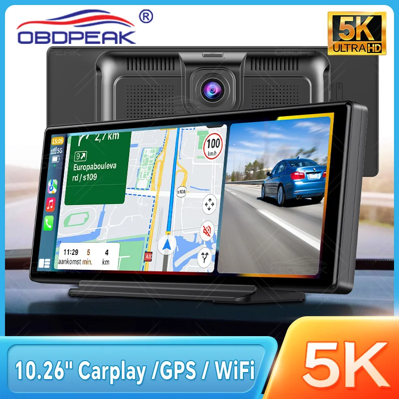 

5K+1080P K8s Wireless Carplay & Android Auto 10.26 Inch Dash Cam Dual Lens GPS Navigation UHD Video Recorder Rearview Camera